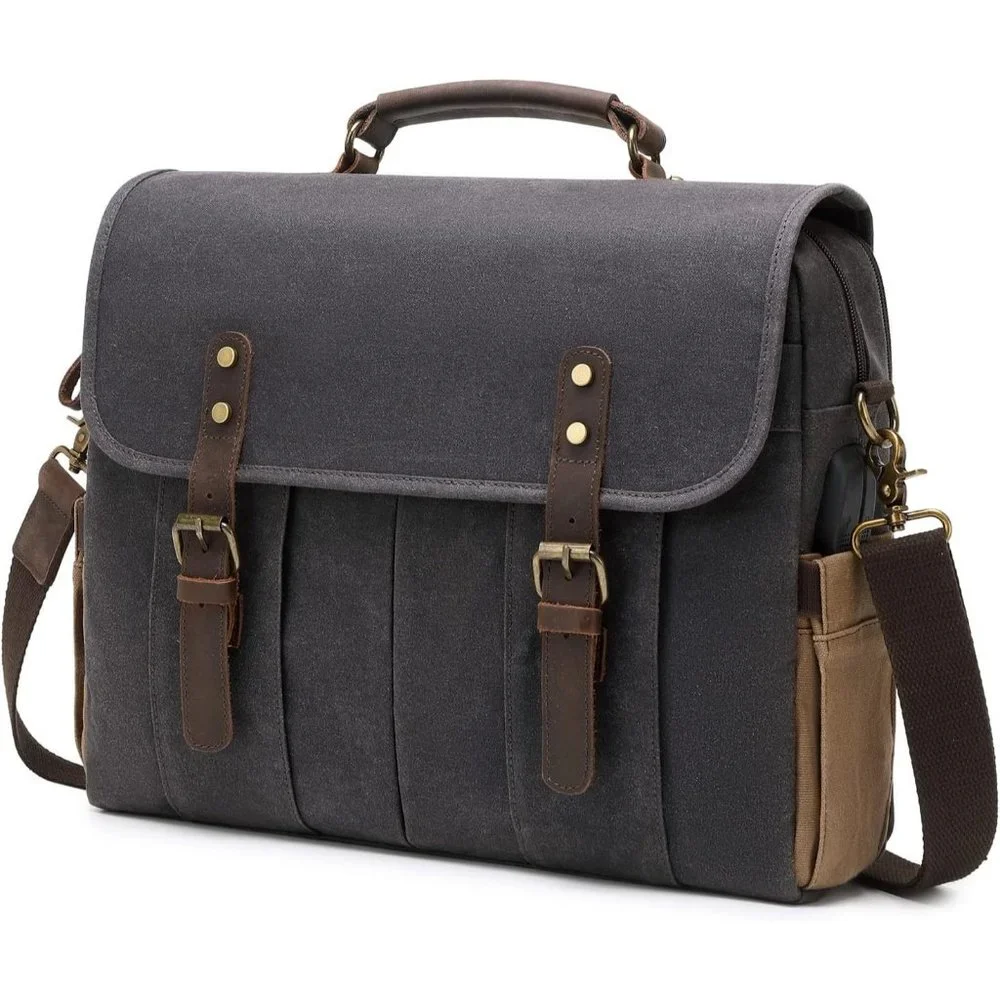 Men's Dark Grey Genuine Leather Canvas Water Resistant Satchel Shoulder Bag
